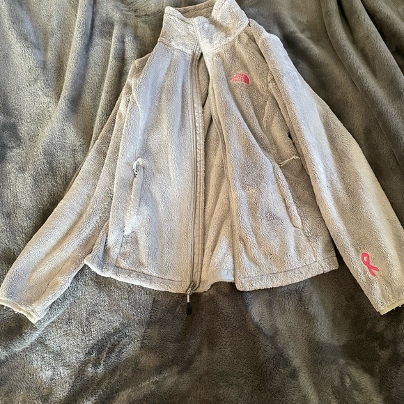 North face gray zip up fleece sweater small/petite pink ribbon edition. - Picture 2 of 8